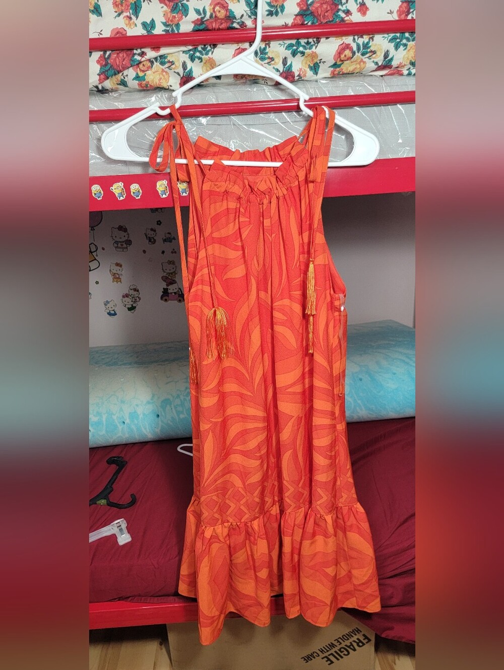 Taylor Orange Patterned Halter Midi Sundress with Tassel Ties Size Small
